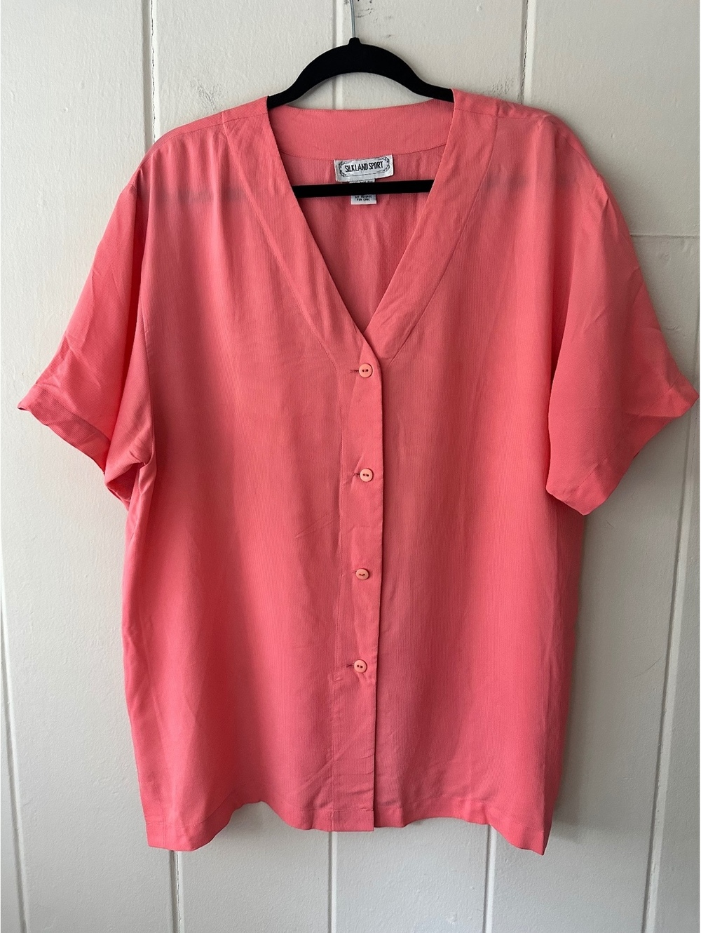 Vintage Silk Land Sport Pink 100% Silk V-Neck Short Sleeve Button Down Blouse L